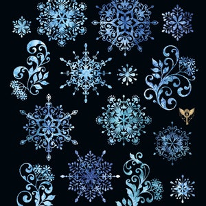 Puede incluir: Una colecci&oacute;n de copos de nieve azules en acuarela y dise&ntilde;os florales sobre un fondo negro. Los copos de nieve son intrincados y detallados, con una variedad de formas y tama&ntilde;os. Los dise&ntilde;os florales son delicados y caprichosos, con enredaderas y hojas que se arremolinan.
