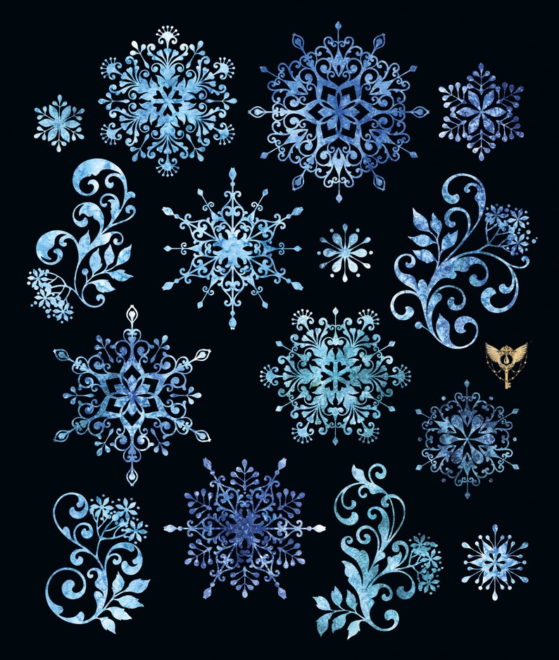Puede incluir: Una colecci&oacute;n de copos de nieve azules en acuarela y dise&ntilde;os florales sobre un fondo negro. Los copos de nieve son intrincados y detallados, con una variedad de formas y tama&ntilde;os. Los dise&ntilde;os florales son delicados y caprichosos, con enredaderas y hojas que se arremolinan.