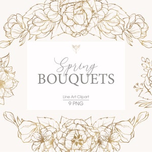 Pode incluir: Um conjunto de nove bouquets florais de arte linear dourada, com flores e folhas delicadas. Os bouquets est&atilde;o dispostos de forma sim&eacute;trica, com o texto "Spring Bouquets" e "Line Art Clipart 9 PNG" no centro.