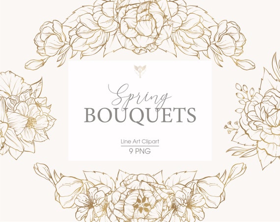 Gold Spring Flower Bouquet Clipart, Line Art (PNG)
