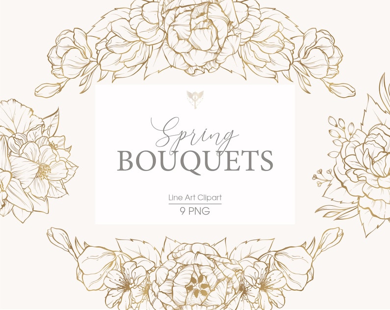 Pode incluir: Um conjunto de nove bouquets florais de arte linear dourada, com flores e folhas delicadas. Os bouquets est&atilde;o dispostos de forma sim&eacute;trica, com o texto "Spring Bouquets" e "Line Art Clipart 9 PNG" no centro.