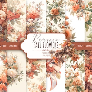 Carta digitale con fiori autunnali, carta per album ad acquerello con bouquet autunnale, sfondo romantico per matrimonio floreale autunnale, download digitale