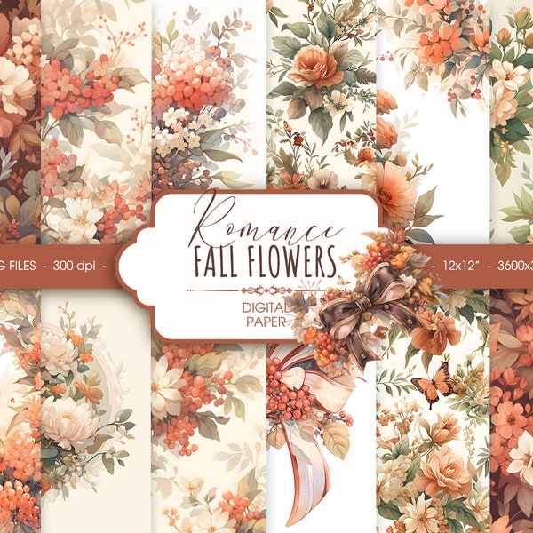 Fall flowers digital paper, autumn bouquet watercolor scrapbook paper, romance fall  floral wedding background, digital download
