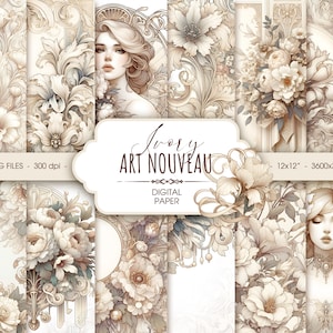 Carta digitale floreale in avorio Art Nouveau, elegante carta per album di nozze shabby chic beige, oggetti effimeri stampabili