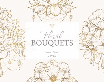 Gold floral line art PNG clipart, Floral bouquet illustration, flowers and beads weddind clipart