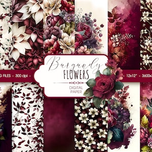Papier numérique floral bordeaux, papier de scrapbooking de mariage abstrait fleurs aquarelle bordeaux