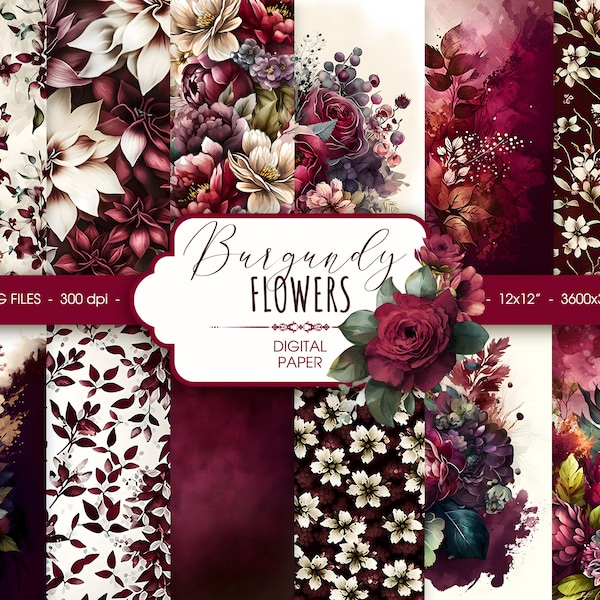 Burgundy floral digital paper, abstract burgundy watercolor flowers wedding scrapbook paper