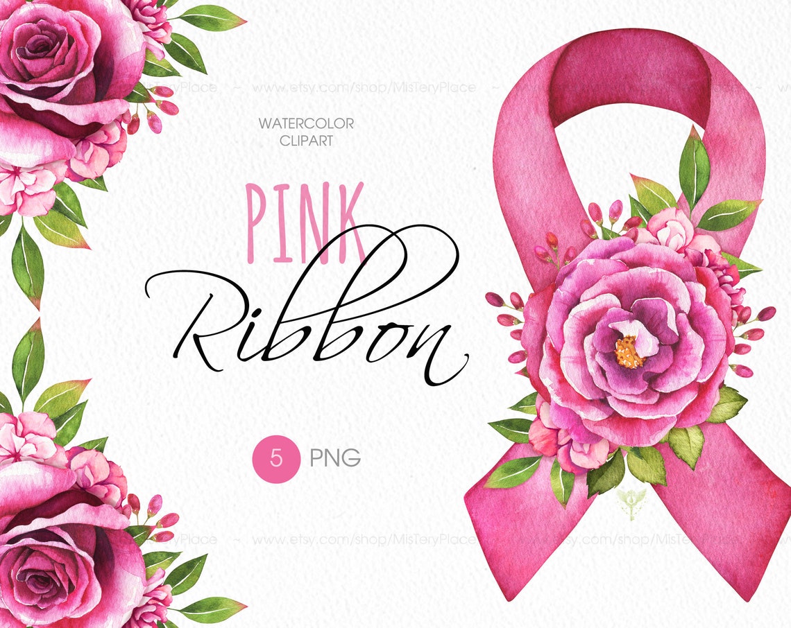 Breast Cancer Ribbon PNG Files. Pink Ribbon With Flower Decor. Etsy
