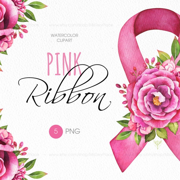 Breast cancer ribbon PNG files. Pink ribbon with flower decor. Watercolor breast cancer clipart