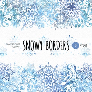 Snowflake border PNG clipart. Christmas frozen ornaments and swirls watercolor clipart