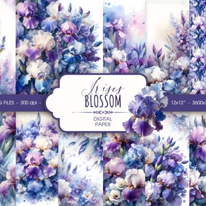 Frühlingslila florales digitales Papier, Iris-Aquarell-Scrapbook-Papier, abstrakter druckbarer Vatertagshintergrund, digitaler Download