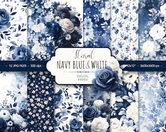 Navy Blue Floral Digital Paper: Watercolor Scrapbook Backgrounds (12x12", JPG, Digital Download)