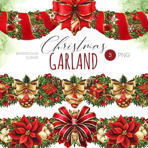 Christmas garland PNG clipart. Christmas decor border Watercolor clipart. Colorful Christmas Floral garland