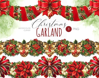 Watercolor Christmas Garland Clipart, Floral PNG Borders (Digital Download)