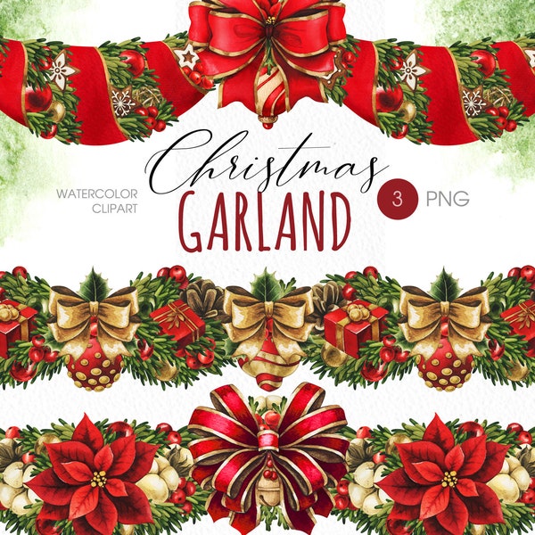 Christmas garland PNG clipart. Christmas decor border Watercolor clipart. Colorful Christmas Floral garland