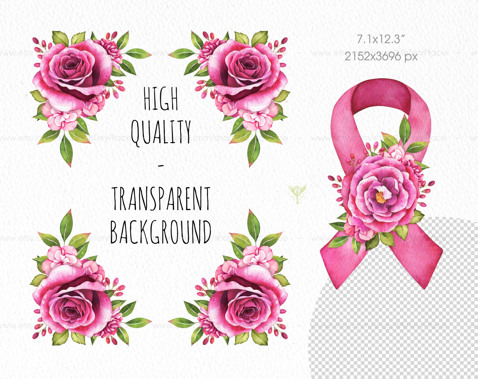 Breast Cancer Ribbon PNG Files. Pink Ribbon With Flower Decor. | Etsy