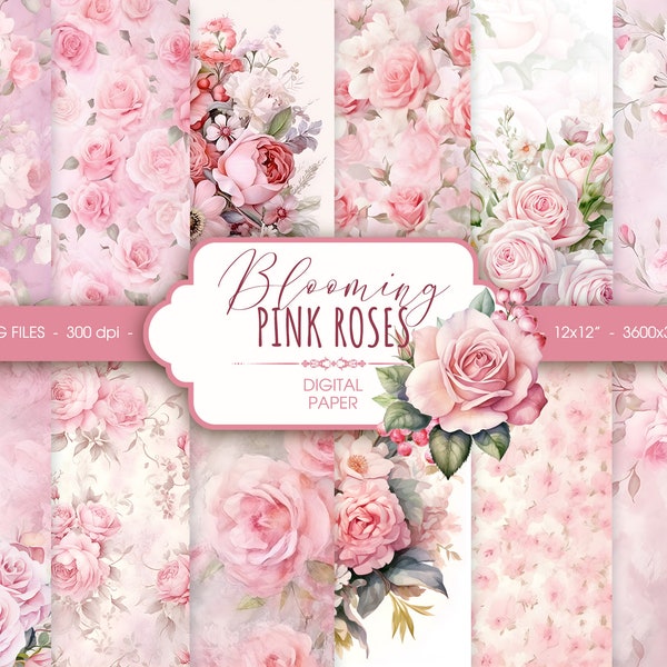 Pastel pink floral digital paper, blush rose watercolor scrapbook paper, abstract wedding pink background, digital download