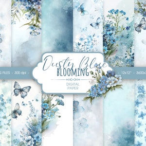Papier numérique aquarelle floral bleu poussiéreux, bleu abstrait oubliez-moi pas papier scrapbook de mariage
