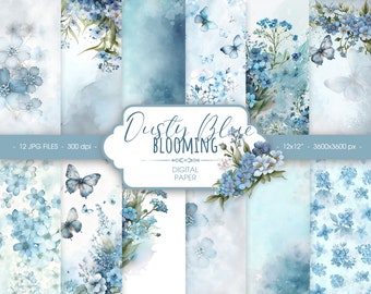 Dusty blue floral watercolor digital paper, abstract blue forget me not wedding  scrapbook paper