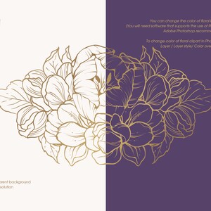 Pode incluir: Uma ilustra&ccedil;&atilde;o de um buqu&ecirc; floral dourado com um fundo branco &agrave; esquerda e um fundo roxo &agrave; direita. O texto "Voc&ecirc; pode mudar a cor dos buqu&ecirc;s florais (Voc&ecirc; precisar&aacute; de um software que suporte o uso de arquivos PNG. Adobe Photoshop recomendado)" e "Para mudar a cor do clipart floral no Photoshop: Camada/Estilo de camada/Ferramenta de sobreposi&ccedil;&atilde;o de cor" est&aacute; no lado direito da imagem.