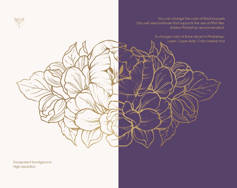 Pode incluir: Uma ilustra&ccedil;&atilde;o de um buqu&ecirc; floral dourado com um fundo branco &agrave; esquerda e um fundo roxo &agrave; direita. O texto "Voc&ecirc; pode mudar a cor dos buqu&ecirc;s florais (Voc&ecirc; precisar&aacute; de um software que suporte o uso de arquivos PNG. Adobe Photoshop recomendado)" e "Para mudar a cor do clipart floral no Photoshop: Camada/Estilo de camada/Ferramenta de sobreposi&ccedil;&atilde;o de cor" est&aacute; no lado direito da imagem.