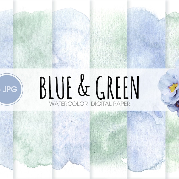 Sage green and Dusty blue watercolor digital paper, abstract watercolor patterns, pastel wedding background, scrapbook paper