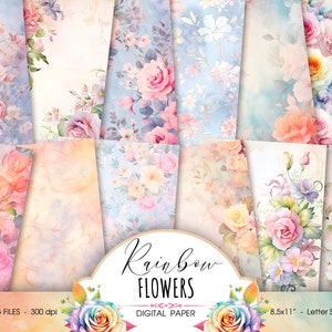 Rainbow Floral digitaal papier, kleurrijke abstracte aquarel bloemen afdrukbaar plakboekpapier voor dagboek babyshower, digitale download