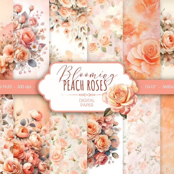 Peach floral digital paper, abstract pastel orange watercolor flowers scrapbook paper, printable ephemera, digital download