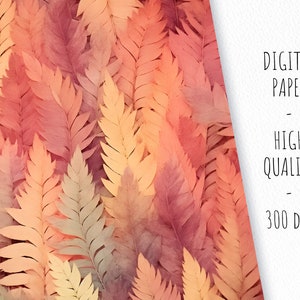 May include: A digital paper background featuring a seamless pattern of overlapping fern leaves in shades of orange, pink, and yellow.