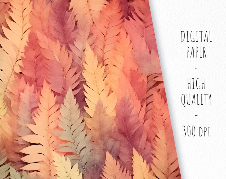 May include: A digital paper background featuring a seamless pattern of overlapping fern leaves in shades of orange, pink, and yellow.