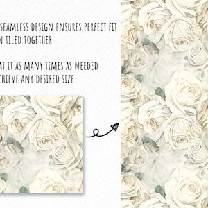K&ouml;nnte beinhalten: Ein nahtloses Muster mit einer Nahaufnahme von wei&szlig;en Rosen mit Aquarell-Effekt. Der Text "THIS SEAMLESS DESIGN ENSURES PERFECT FIT WHEN TILED TOGETHER REPEAT IT AS MANY TIMES AS NEEDED TO ACHIEVE ANY DESIRED SIZE" ist im Bild sichtbar.