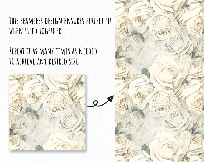 K&ouml;nnte beinhalten: Ein nahtloses Muster mit einer Nahaufnahme von wei&szlig;en Rosen mit Aquarell-Effekt. Der Text "THIS SEAMLESS DESIGN ENSURES PERFECT FIT WHEN TILED TOGETHER REPEAT IT AS MANY TIMES AS NEEDED TO ACHIEVE ANY DESIRED SIZE" ist im Bild sichtbar.