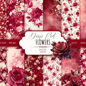 Burgundy Red floral digital paper, abstract deep red watercolor flowers wedding scrapbook paper, printable bright digital paper