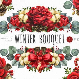 Buquê de inverno Natal PNG clipart. Bordas coloridas de flores em aquarela de Natal e desenhos de sublimação de guirlandas