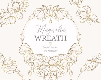 Grinalda floral de magnólia de ouro PNG clipart. Arte em linha de flores. Clipart de casamento botânico.