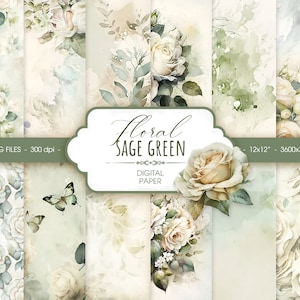 Salbei grünes Blumen Aquarell digitales Papier, abstraktes Pastell Hochzeits Aquarell Scrapbook Papier