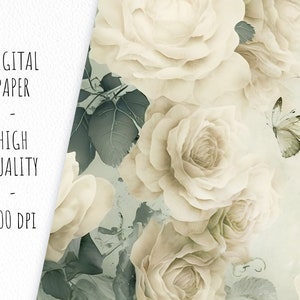K&ouml;nnte beinhalten: Ein digitales Papierdesign mit Vintage-&Auml;sthetik mit wei&szlig;en Rosen und Schmetterlingen auf hellgr&uuml;nem Hintergrund.
