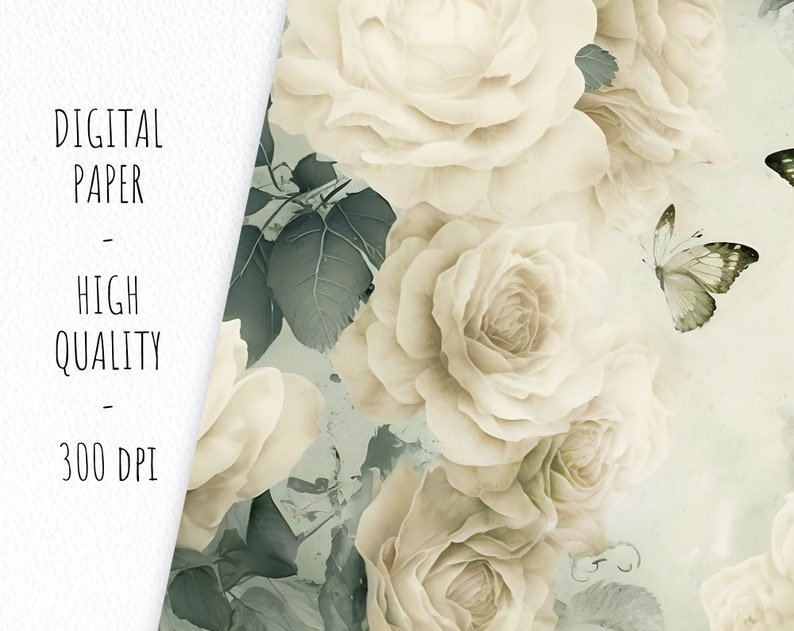 K&ouml;nnte beinhalten: Ein digitales Papierdesign mit Vintage-&Auml;sthetik mit wei&szlig;en Rosen und Schmetterlingen auf hellgr&uuml;nem Hintergrund.