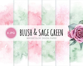 Blush and Sage Green Watercolor Paper, Abstract Backgrounds (Digital Download)