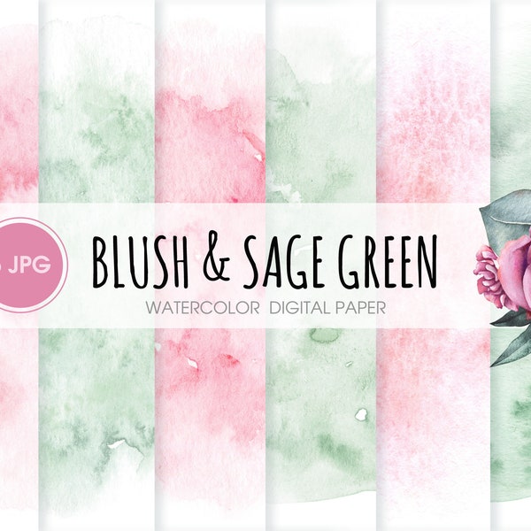 Blush and Sage green watercolor digital paper, abstract watercolor patterns, pastel wedding background, scrapbook paper