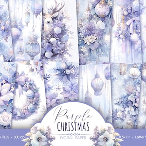 Papel digital roxo pastel de Natal, papel de scrapbook floral de inverno e fundo vintage para diário, download digital