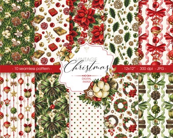 Christmas digital paper. Vintage Christmas seamless pattern. Digital download scrapbook paper.