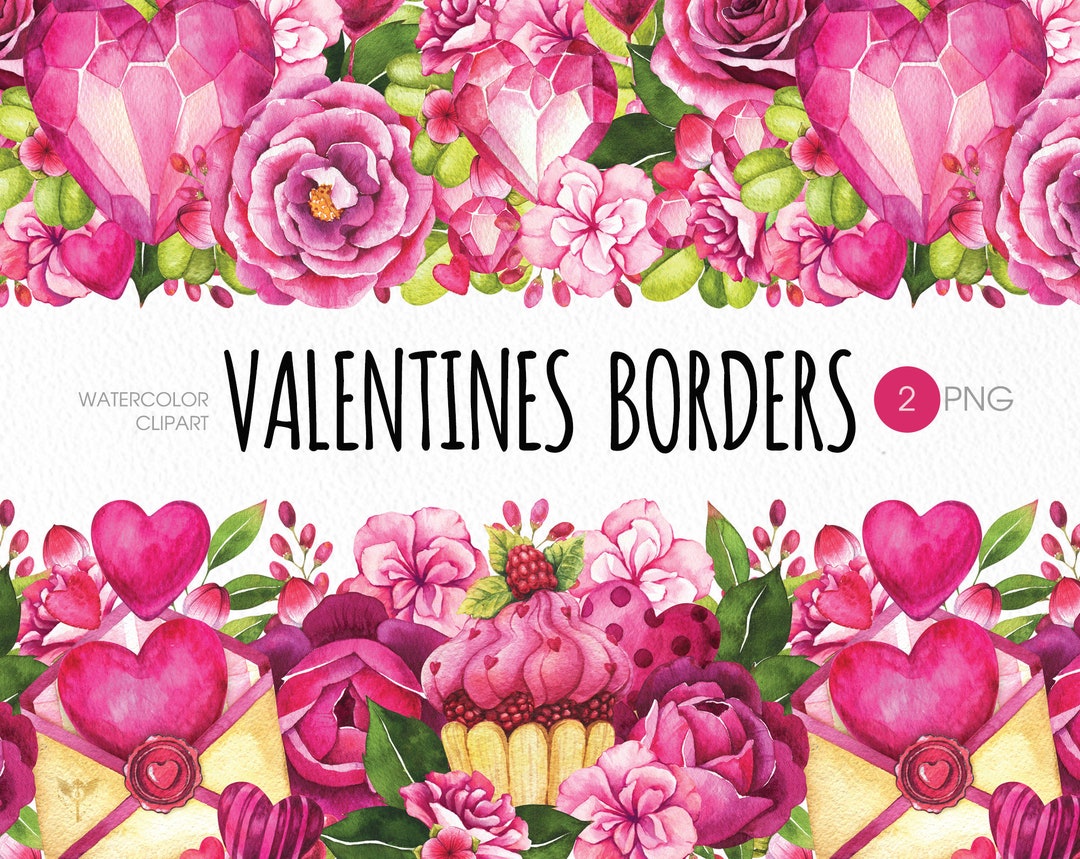Valentines Floral Border Clipart, Watercolor Hearts, Flowers (PNG) - Etsy