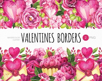 Valentines garland PNG clipart. Love Card. Valentines Floral border. Watercolor holiday clipart with hearts, flowers, sweets