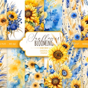 Papier numérique tournesol, jaune et bleu floral cottagecore aquarelle abstraite imprimable scrapbooking papier