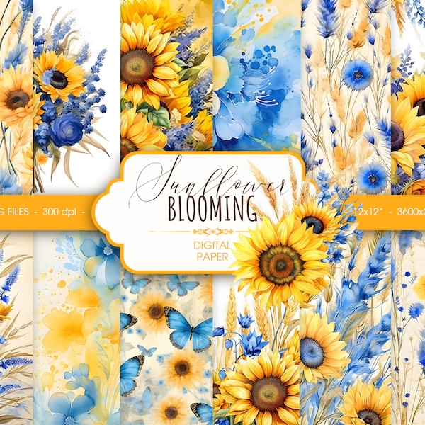 Sunflower digital paper, yellow and blue floral cottagecore watercolor abstract printable scrapbook paper