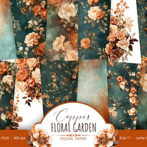 Papier numérique floral en cuivre, fleurs d’aquarelle abstraites de rouille d’automne papier de scrapbook imprimable pour journal, téléchargement numérique de motif floral
