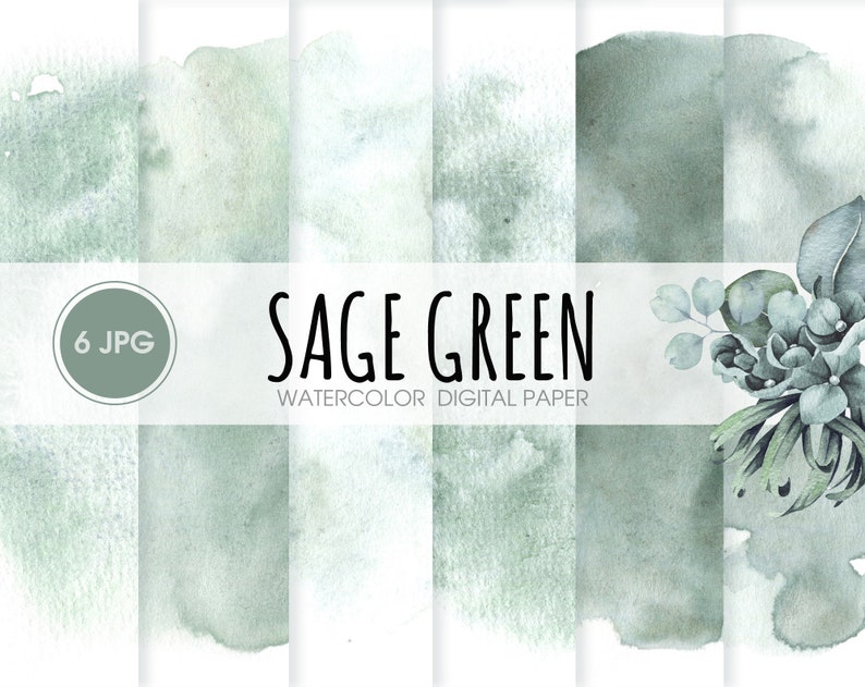 Sage green watercolor digital paper, abstract watercolor patterns, scrapbook paper. Sage green printable wedding background image 1