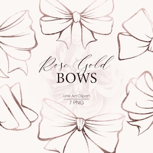 Puede incluir: Siete lazos de arte de línea de oro rosa. Los lazos están dibujados en un estilo simple y elegante. Rose Gold Bows Line Art Clipart 7 PNG.