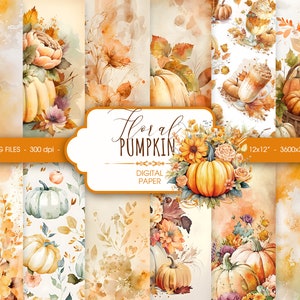 Papier numérique de bouquet d'automne de citrouille, papier abstrait d'album d'aquarelle d'automne floral, fond de thanksgiving, téléchargement numérique